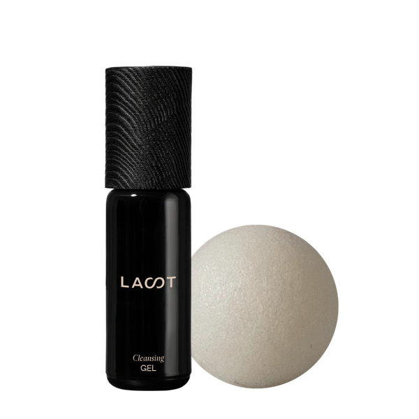 Black cleansing gel bottle with a white konjac sponge ball on a white background, featuring the brand 'LAST'.
