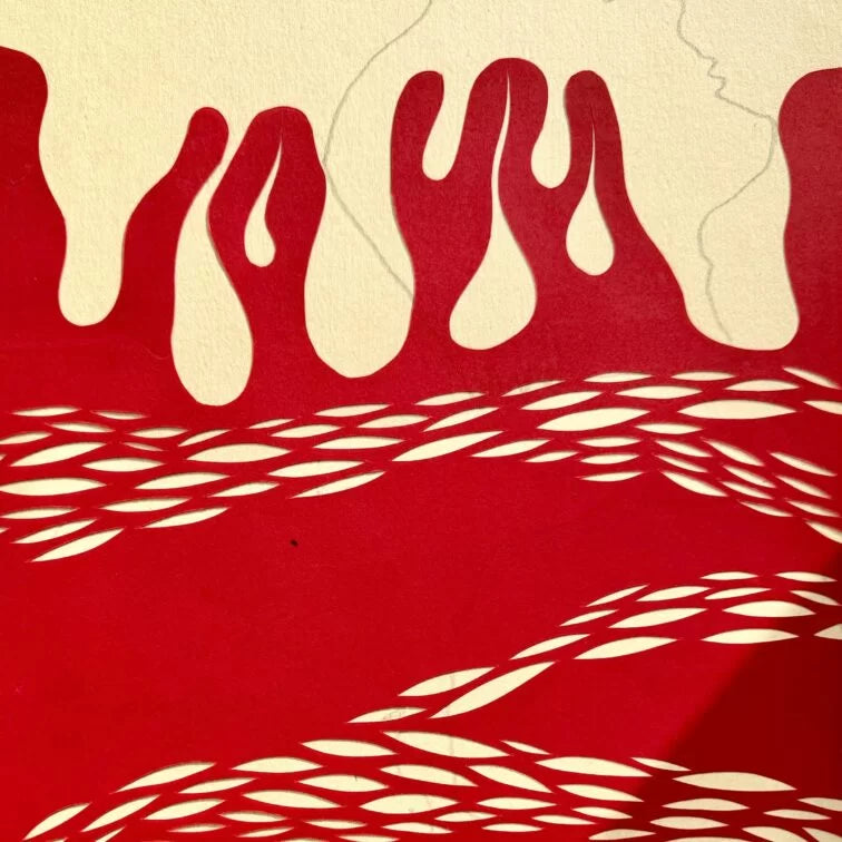 Abstract design with red and beige shapes on a red background presenting how LAST neurocosmetics work