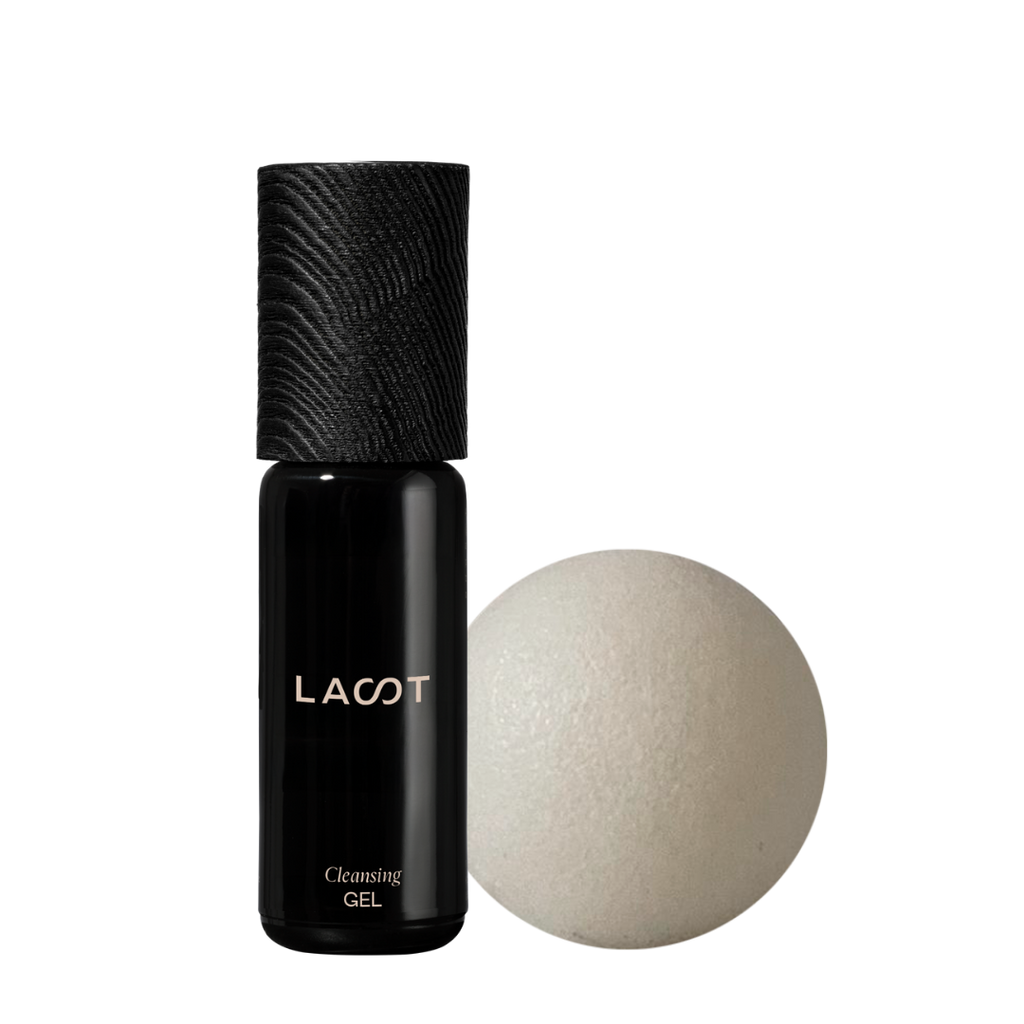 Black cleansing gel bottle with a white konjac sponge ball on a white background, featuring the brand 'LAST'.