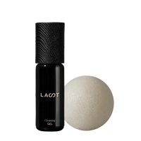 Black cleansing gel bottle with a white konjac sponge ball on a white background, featuring the brand 'LAST'.