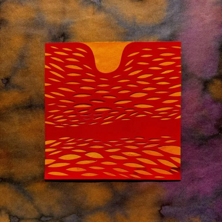 Red card with orange pattern on a textured brown and purple background presenting how LAST neurocosmetics work