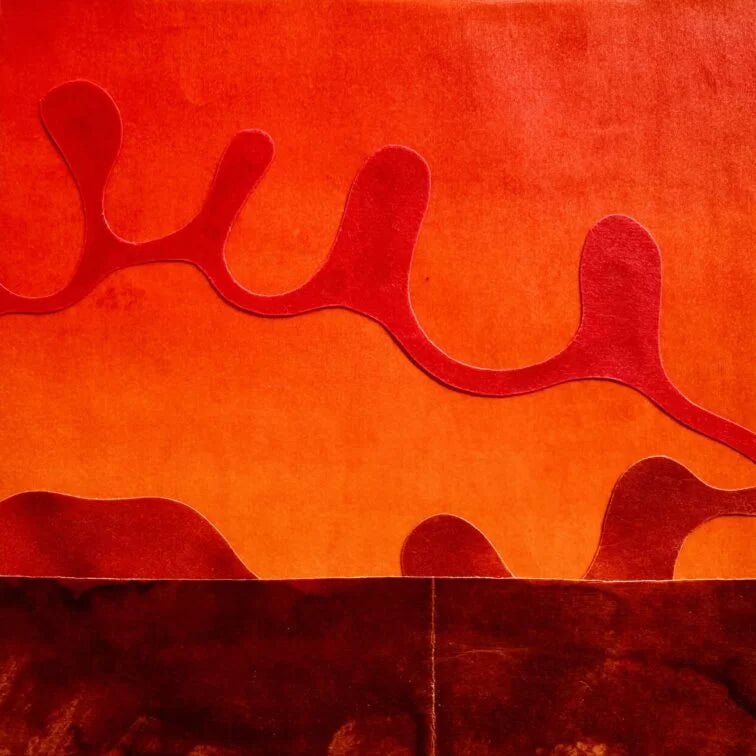 Abstract design with wavy red lines on a textured orange surface presenting how LAST neurocosmetics work