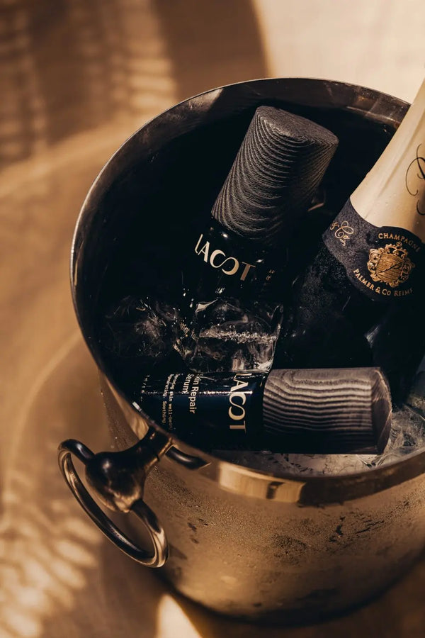 Two bottles of champagne in a metallic bucket with a warm glow.