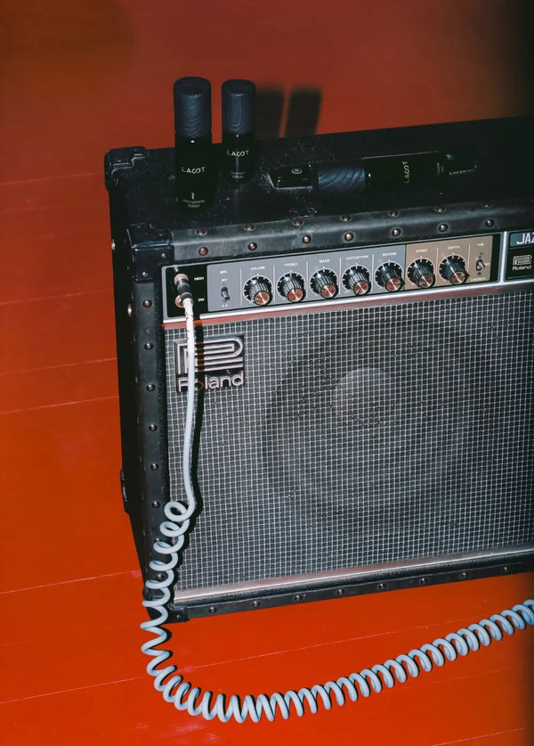 Roland guitar amplifier with black LAST skincare bottles on a red surface