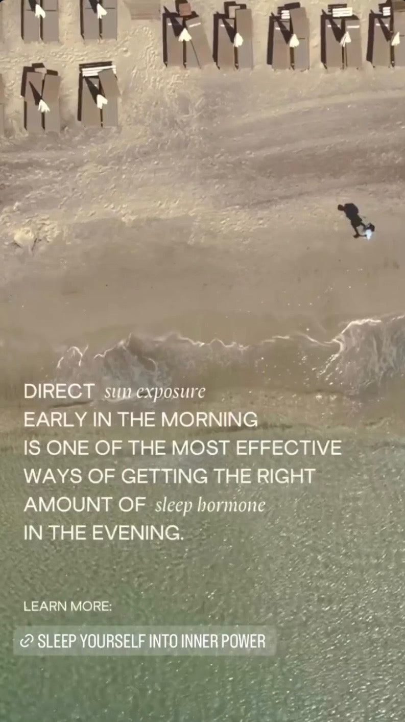 Person walking on a beach with text about sun exposure and sleep hormone.