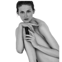 Woman holding a bottle of LAST skincare product on a transparent background